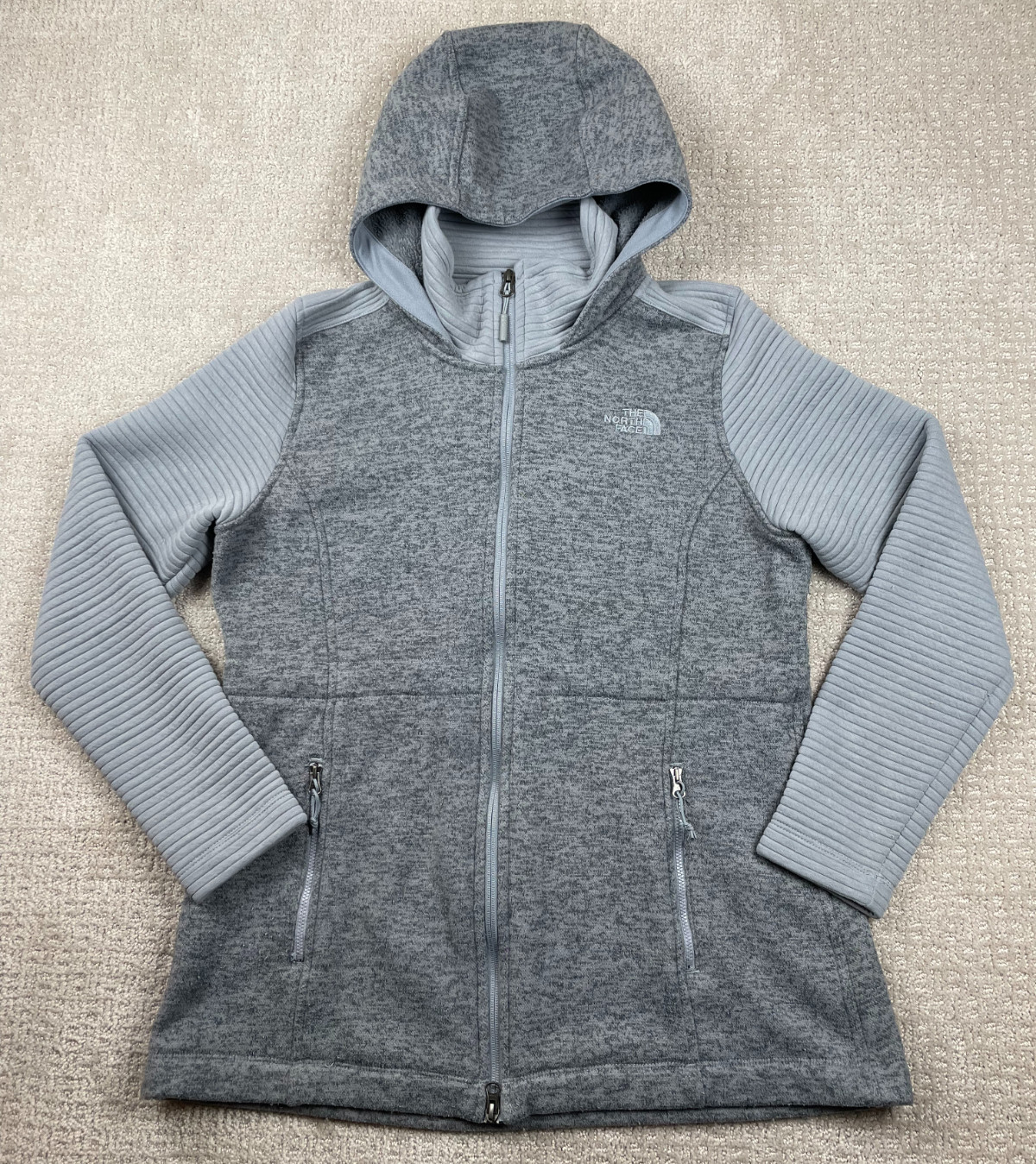 The North Face Jacket Womens M Gray Indi 2 Hooded Knit Parka Full Zip Warm Hike