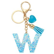 Initial Letter Keychains, Resin Cute Pendant with Heart  Tassel, Blue-W