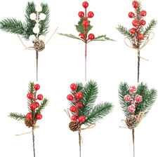 6 Pcs Artificial Christmas Picks 7 Inch, Holly Berry Stems Pine Cones Pine Stems