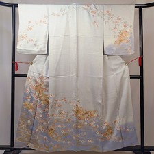 Vintage Japanese Silk Kimono Robe Blue-Gray with Gold Embroidery Floral