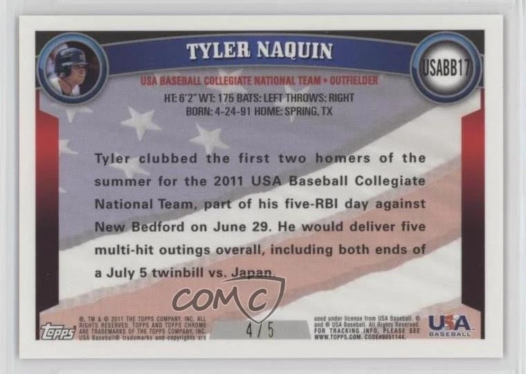 2011 Topps Chrome Red Refractor /5 Tyler Naquin #USABB17 - Image 2 of 2