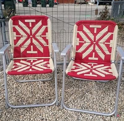 VTG 1970s macrame woven aluminum lawn chairs Red White Folding Patio Snowflake