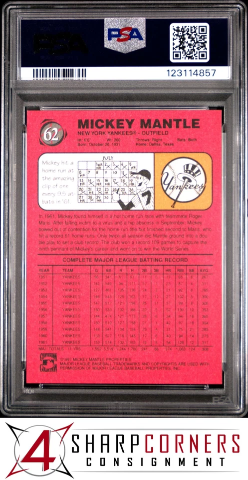 1997 SCORE BOARD MANTLE SHOE BOX COLLECTION #62 MICKEY MANTLE HOF POP 1 PSA 9 - Image 2 of 2