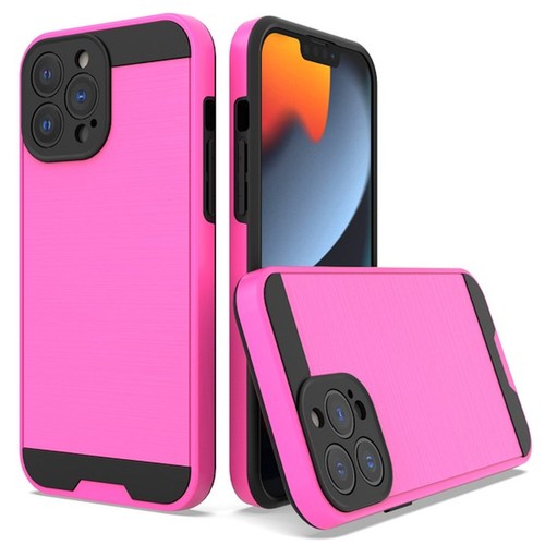 Gebürstetes Metall strukturierte Hybrid Rüstung Hülle für iPhone 14 Pro Max - Hot Pink