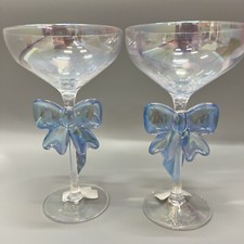 Coupe Glasses Martini Blue Bow Cocktail Barware Home Bar Cart Coquette Set of 2