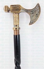 Victorian Hand Carved Spiral Black Wooden Cane Viking Axe Handle Walking Stick