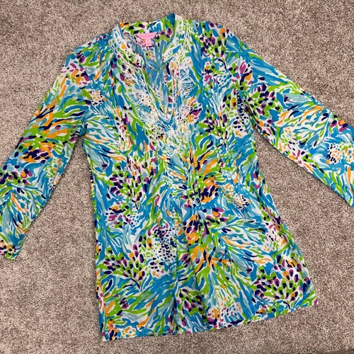 Lilly Pulitzer Sarasota Tunic Sea Soiree Women Size Small Beaded Cotton Floral