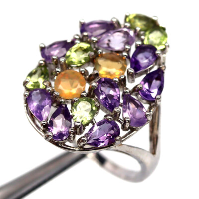 925 Sterling Silver Multicolor Opal, Amethyst, Peridot Jewelry Ring  Size