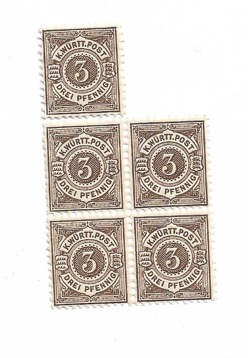Germany Wuttemberg 1890 5x 3 Pf.  1890 Sc. #57 Brown (1x Blk of 4, 1x singl6-219 - Image 3 of 4