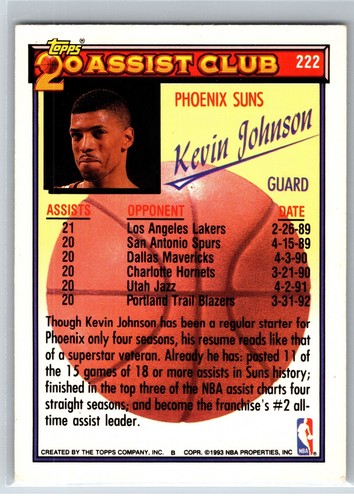 1993 Topps Kevin Johnson Phoenix Suns 20 Assist Club #222 - Picture 2 of 2