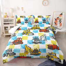 Boy'S Construction Truck Comforter Set Queen,Orange,And Yellow Truck 3 Pieces Be