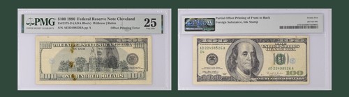US 1996 $100 Green Withrow Rubin Note Cleveland Offset Printing Error PMG 25 VF - Picture 5 of 5