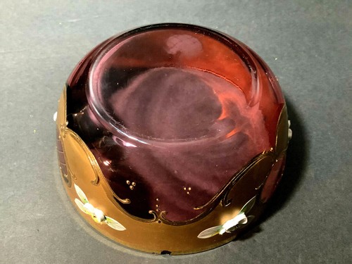 Bohemian Czech Glass Candy Dish Lid Bowl Gold Raised Enamel Flowers - 第 6/8 張圖片