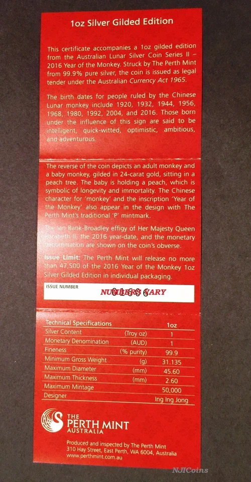 2016 Australia GILDED Silver Lunar Year of the Monkey NGC MS 70 1oz Coin ER GILT - Image 4 of 4