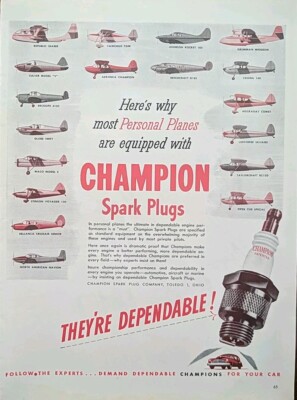 1946 Champion Spark Plugs Personal Aircraft Use Champion Print Ad 