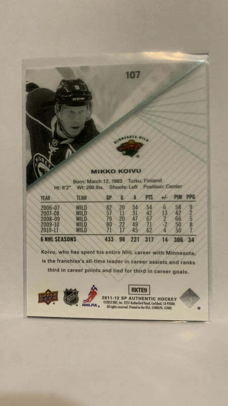 #107 Mikko Koivu Minnesota Wild 2011-12 SP Authentic Hockey Card - Image 2 of 2