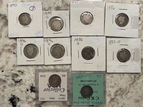 #3 Lot Of 10 SilverBarberDimes1893,18930,1893SVG,1894,940,1895SF12,96,960(2),96S