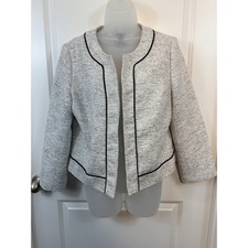 Ann Taylor Factory White Black Piped Tweed Collarless Open Front Blazer 12 Work