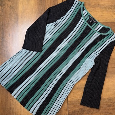 Ming Wang Shimmer Stripe Pleated Knit Tunic Sweater Size S Stretchy 3/4 Sleeve