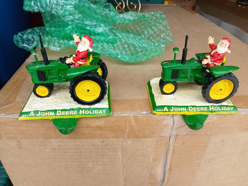 John Deere Holiday Tractor Santa Figurines Stocking Holders Pair, Agriculture