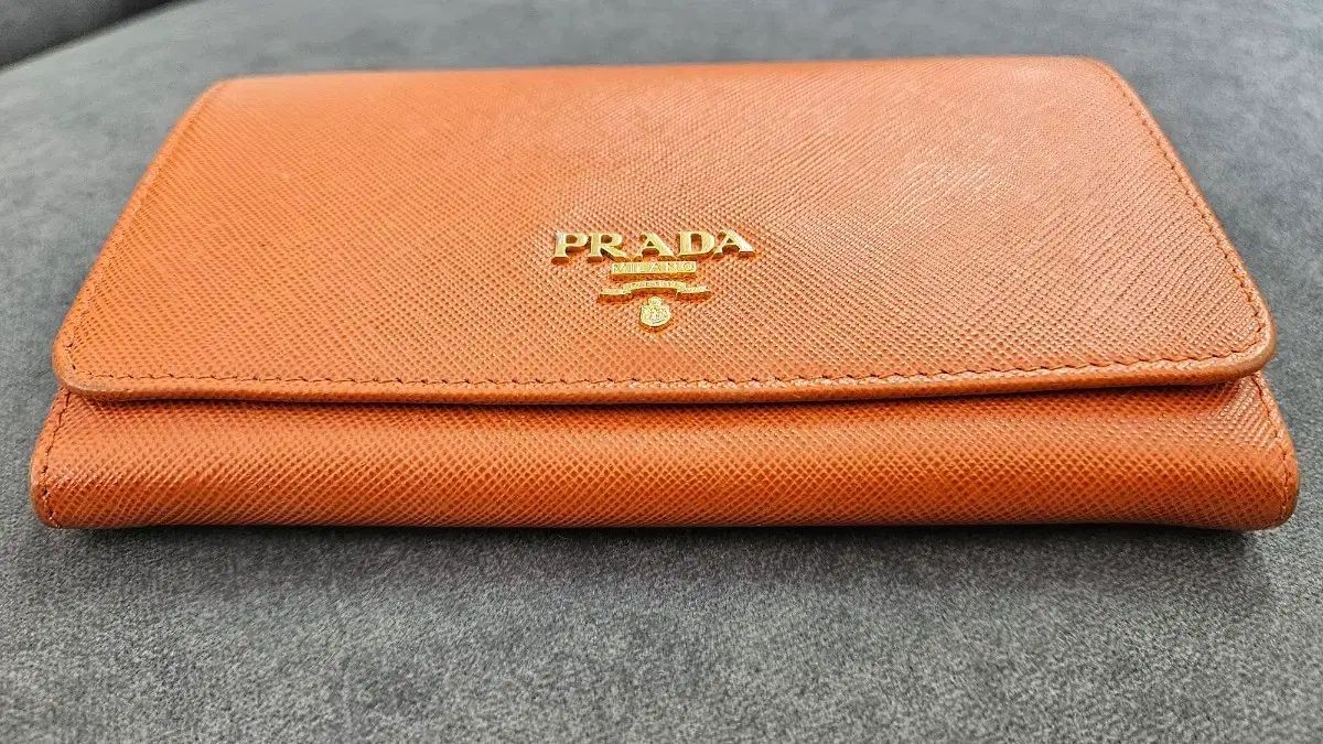 PRADA Saffiano Leather Bifold Wallet Orange Gold Logo Lettering Compact Purse thumbnail 15
