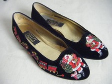 PRITZT Vtg 80s Black Velvet CHRISTMAS Embroidered Flat size 7.5 M