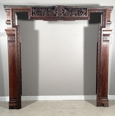 French Antique Renaissance Revival Walnut Wood Frame Fireplace Surround Mantel