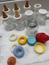 Vintage Evenflo Lot  9 x 8 Oz  Glass Baby Bottles With Lids Cleaned EUC