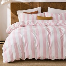 Pink and White Striped Duvet Cover Set King Size, 100 Cotton Bedding Set with