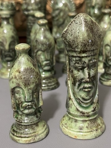 Vintage Glazed Porcelain/Ceramic Chess Piece Green & Yellow Medieval Style 32 Pc - Picture 12 of 13