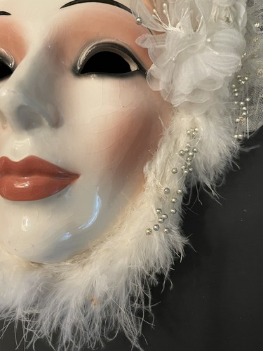 Vintage Clay Art Ceramic Face Wall Mask, White Feathers, Lace, Silver Beads 11" - Picture 5 of 13