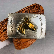 VTG Tooled Leather Belt with Bar J German Silver Horse Buckle Kids 21.5 to 25.5"
