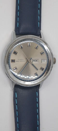 1972 Timex Mercury Day Date Dial Men Watch New Blue leather Strap 'SERVICED