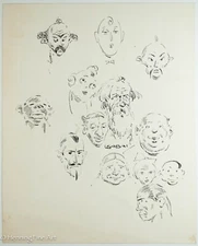 Rare Antique Luis Felipe Usabal Hernandez Ink Illustration Drawing 13 Portraits