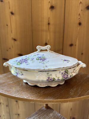 L S & S Carlsbad Austria Violets Covered Serving Vegetable Fish Porcelain