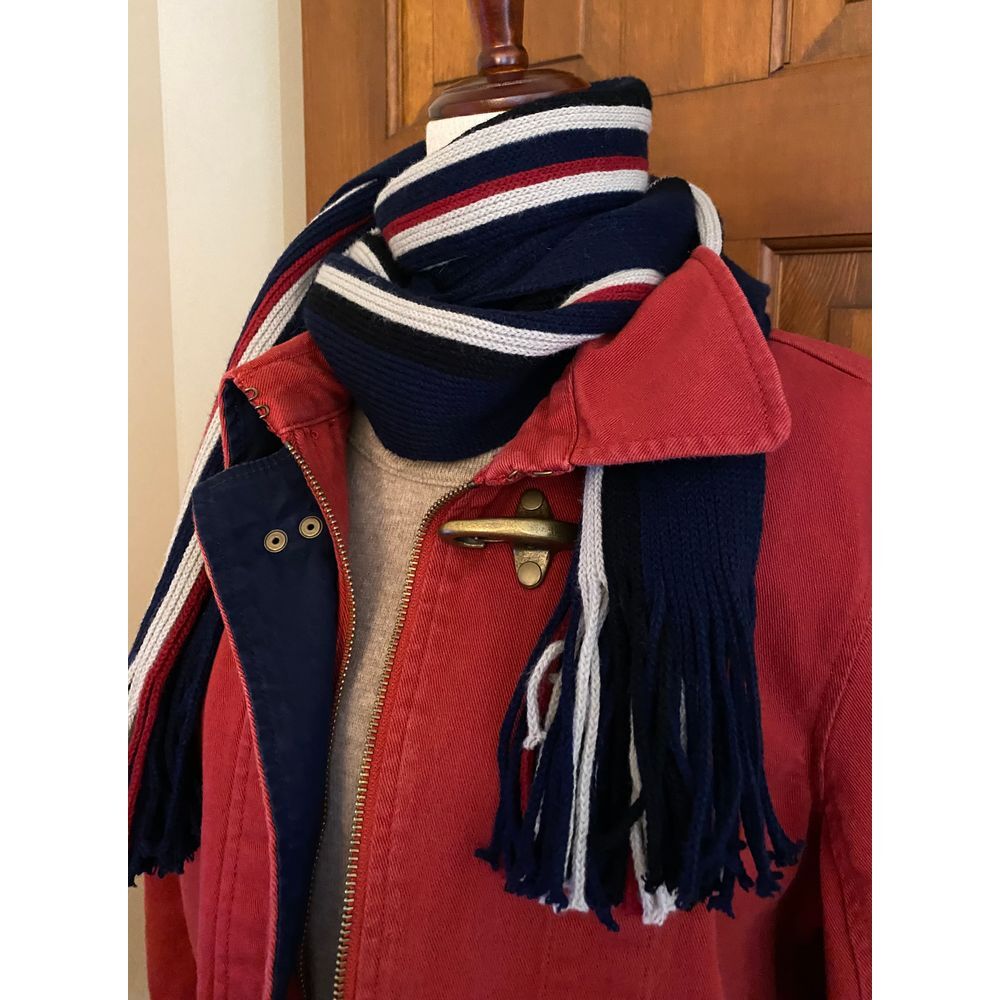 Tommy Hilfiger Classic Red Navy Striped Winter Scarf with Fringe Old Money Prep Style  