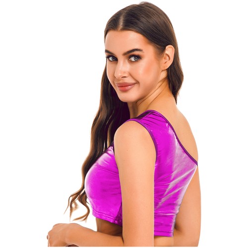 Damen glänzendes Material Crop Top ärmellos Tank Trägershirt glänzend Karneval Party Kostüm - Bild 21 von 64