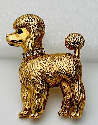 Erwin Pearl Vintage Signed  Gold Tone Crystal Poodle Pin Brooch