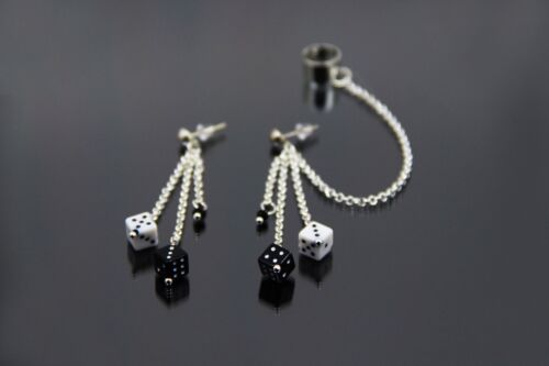 Dice Ear Cuff Casino Lover Gift Dangle Earrings Black and White Dice Ivories - Picture 3 of 24