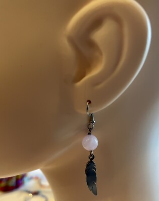One of a kind stainless steel rose quartz feather earrings