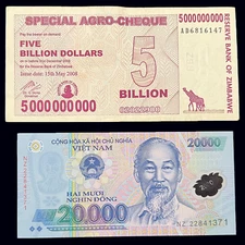 Zimbabwe 5 Billion Dollar Special Agro Cheque & Vietnam 20000 Dong Banknote Bill