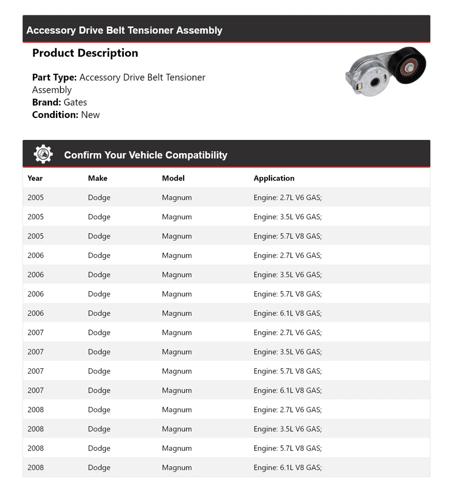 Accesorio para Dodge Magnum 2005-2008 correa de transmisión tensor montaje puertas 2006 Foto 2 de 4