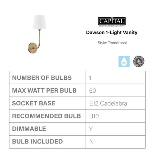 Capital Lighting Dawson 1-Light Sconce Aged Brass 619311AD-674 - Picture 3 of 3