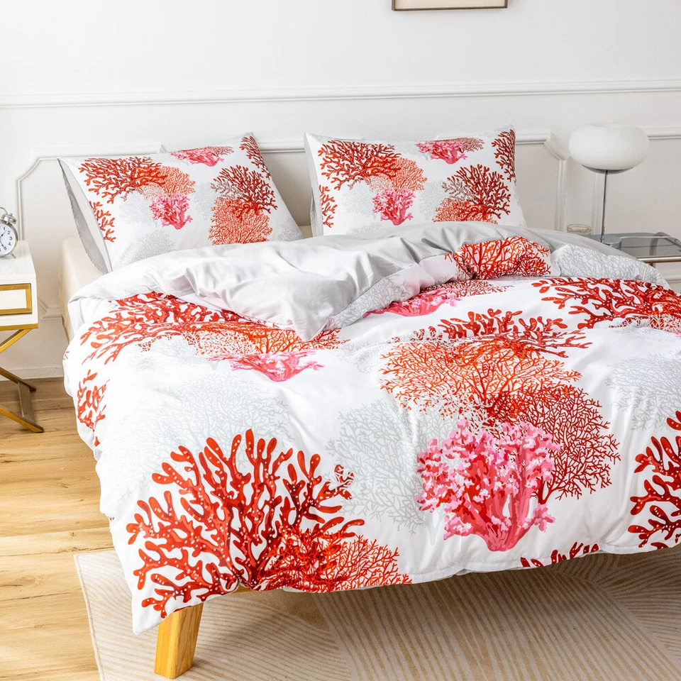 3D Tropical Red Coral Pattern Quilt Cover Set Bedding Sets Pillowcases Queen - Image 3 of 4