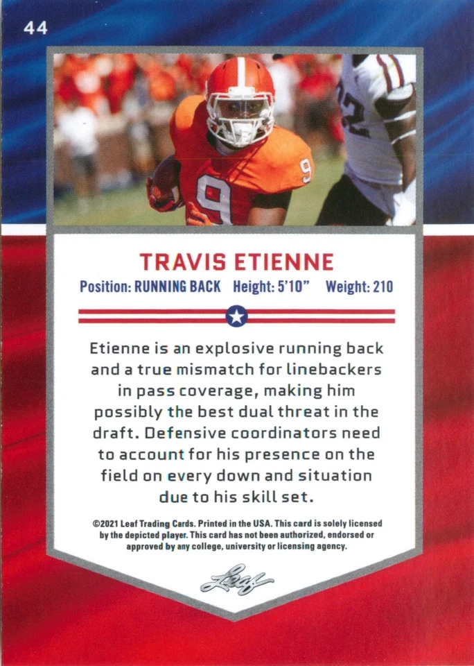 Travis Etienne RC 2021 Leaf Draft Gold Parallel All-American Rookie Card #44 - Image 2 of 2