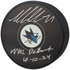 Macklin Celebrini Autographed Sharks Hockey Puck Nhl Debut Fanatics 236539