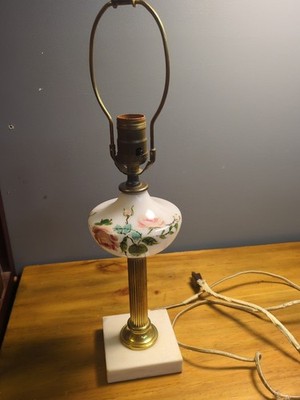 Vintage Brass Color White Milk Glass Marble Base Bed Side Electric Table Lamp 