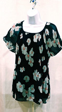 Banana Republic Women's S Black White Floral Chiffon Pleated Flutter Blouse