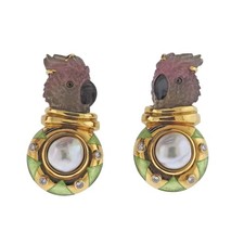 Elizabeth Gage Carved Tourmaline Diamond Pearl Enamel Gold Parrot Earrings