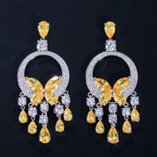 Women Silver Plated Yellow Zircon Tassel Dangle Chandelier Earrings Wedding Gift
